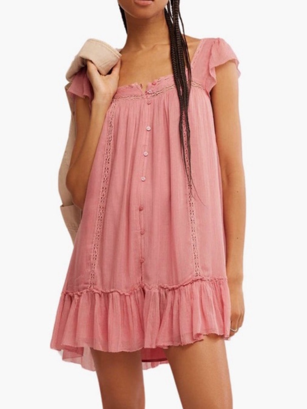 Free People Olivia Gauze Babydoll Mini Dress Medium Pink Boho Cottagecore NWOT